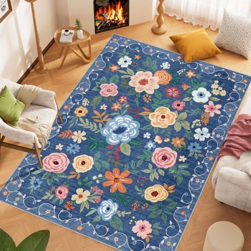 DUKINO 6x9 Area Rugs, Floral Washable Rug for Bedroom Non Slip, Blue - Image 3