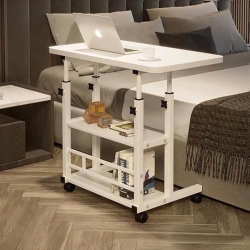 VebaCidi Medical Overbed Bedside Table with Two Shelves and Wheels (Hospital and Home Use), 31 1/2" Desk with Non Tilt Wooden Top, Adjustable Height (White) by VebaCidi