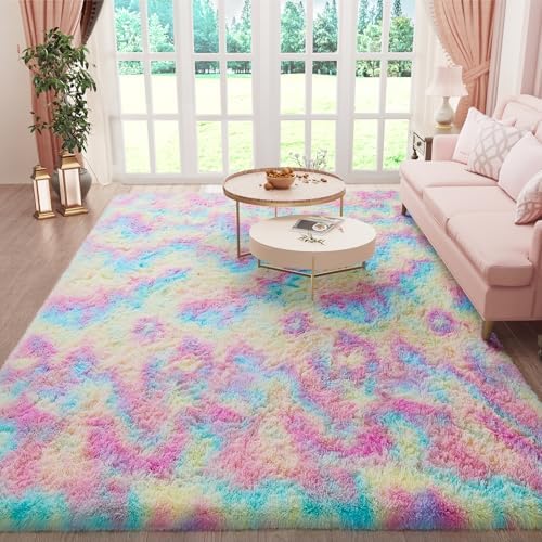 Ophanie Rainbow Colorful Rugs for Living Room 5x8, Unicorn Fluffy Shag Fuzzy Plush Soft Carpets, Floor Shaggy Area Rugs for Bedroom, Carpet for Kids Girls Dorm Nursery Home Decor Aesthetic - Image 3