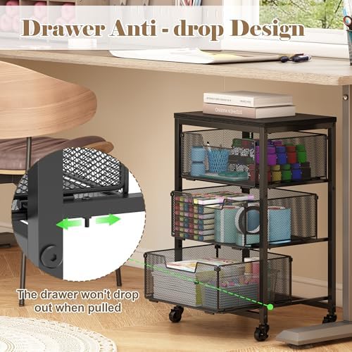 Under Desk Storage Cart with Lockable Wheels, 3-Drawer Rolling Storage Cart, Metal Utility Cart with Drawers for Art, Cart, Classroom, Office, Kitchen, Bedroom, Dorm Storage Under Bed - Image 5