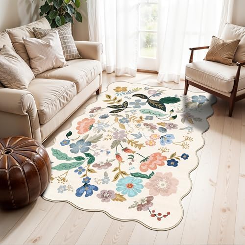 Washable 3x5 Entryway Area Rugs: Ultra Soft Floral Carpet for Kitchen Nursery Indoor Light-Weight Doormat Anti-Slip Elegance Rug for Living Room Bedroom Small Foldable Vintage Floor Mat(3x5,Cream) by HYHAOYUNLAI