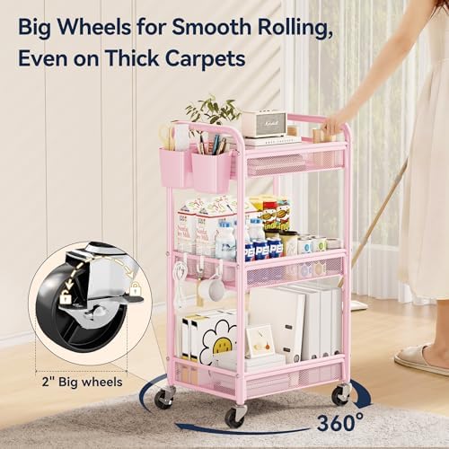 YASONIC 3 Tier Metal Rolling Cart, Pink Utility Storage Cart with Wheels - Image 4