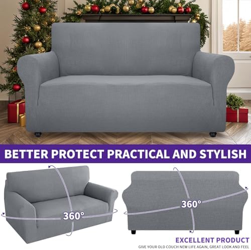 ZNSAYOTX Super Stretch Couch Cover Love Seat Sofa Covers for Living Room Dogs Pet Friendly Furniture Protector Spandex Loveseat Slipcovers with Anti Slip Foam Sticks (Light Grey, Loveseat) - Image 2