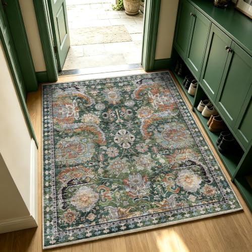 RUGSURE Washable Area Rugs - Perfect for Living Room, Bedroom, Kids Room, Nursery - Stain & Water Resistant Non-Slip, Pet & Child Friendly, Vintage Tribal Area Rugs (Green, 4' x 6') - Image 2