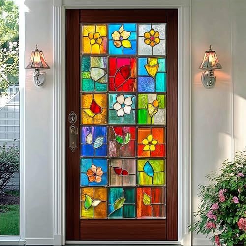 BlissYard Colorful Lattice Floral Leaf Window Cling 17.7x39.3 Inch PVC - Image 6