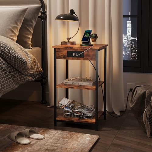 WLIVE End Table with Charging Station, Small Night Stand Rustic Brown - Image 2