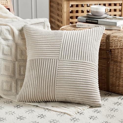 Fancy Homi 2 Packs Neutral Taupe Euro Decorative Throw Pillow Covers 28x28 Inch for Couch Bed Sofa, Rustic Farmhouse Boho Home Decor, Soft Corss Corduroy Patchwork Textured Square Cushion Case 71x71cm - Image 2