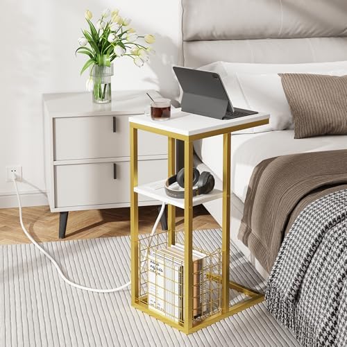 Vagusicc C Shaped End Table with Charging Station, Side Table for Couch, Small Side End Table for Small Spaces, 28" High Slide Under Sofa Table for Coffee, Tv Tray Table for Living Room, Golden - Image 6