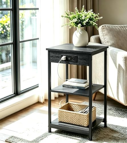 WLIVE Black End Table with Charging Station, Slim Night Stand with 3 Storage Shelves, Small Side Tables for Small Spaces, Bedside Tables for Living Room, Bedroom - Image 2