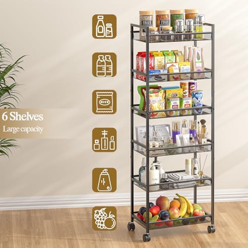 6 Tier Slim Rolling Storage Cart, Narrow Mobile Shelving Unit Organizer Utility Cart with Wheels, Metal Wire Storage Rack with Baskets for Kitchen, Bathroom, Laundry & Living Room, 10in(W) Black - Image 6