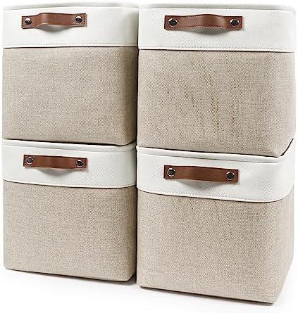 Bagnizer Collapsible Fabric Storage Cubes 11x11 Cube Storage Bins, 4 Pack Closet Baskets Box with Handles for Organizing, Shelf, Toys, Clothes, Home, Office, Nursery (Beige&White) by Bagnizer
