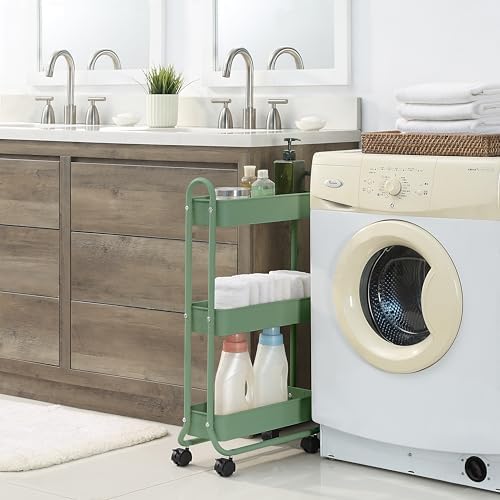 SunnyPoint Slim Rolling Storage Cart, 3 Tier Bathroom Storage Organizer Bathroom, Laundry Utility Cart (Turq) - Image 3
