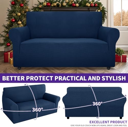 ZNSAYOTX Super Stretch Couch Cover Love Seat Sofa Covers for Living Room Dogs Pet Friendly Furniture Protector Spandex Loveseat Slipcovers with Anti Slip Foam Sticks (Navy Blue, Loveseat) - Image 2