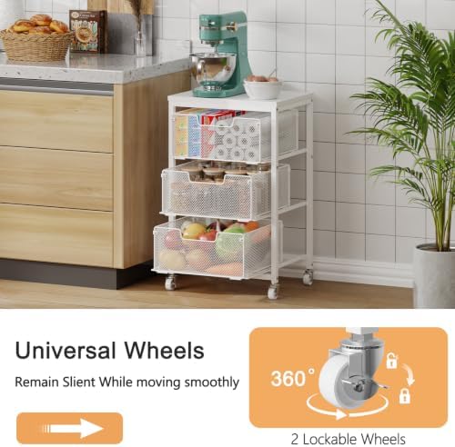 Kitchen Cart with Storage, 3-Tier Pantry Organizer and Storage Cart with Drawer, Fruit Vegetable Storage Cart with Wheels, Wooden Top Metal Wire Kitchen Organizer Rack Stand for Snack Onion Potato - Image 2