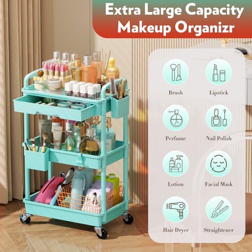 SUNALLY Makeup Cart Organizer with Drawer, 3 Tier Rolling Makeup Cart, Blue - Image 4
