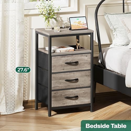 Huuger Nightstand with Charging Station, 27.6 Inch Bedside Table,Side Table - Image 3