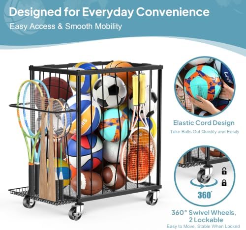 TomCare Garage Ball Storage Rack, Rolling Sports Cart with Lockable Wheels - Image 2