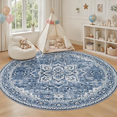 Round Area Rug for Living Room: 6ft Washable Rug for Bedroom Blue - Image 5