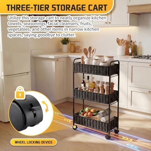 FOCHIER F Utility Slim Storage Cart,3-Tier Rolling Kitchen Office Laundry Room Cart,Mobile Shelving Unit Organizer for Living Room Bathroom Baby Diaper Narrow Places (Black, 3 Tiers-7.1 inch (W)) - Image 5