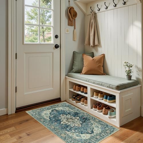 RELEANY Washable Area Rug, Small 2'x4', Blue/Vintage Dark Blue by RELEANY