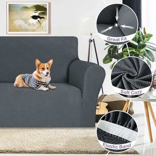 ZNSAYOTX Super Stretch Loveseat Covers (57"-70"), New Striped Love Seat Slipcover, Dogs Pet Friendly Anti-Slip Couch Protector Spandex Durable 2 Seater Fabric Sofa Cover (Dark Grey, Loveseat) - Image 4