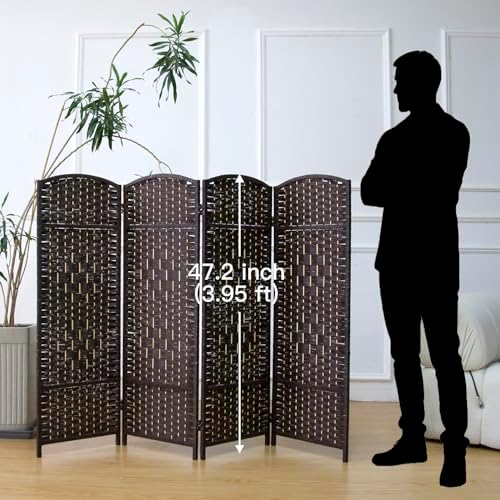 Compact 4 Panel Short Room Divider, 47.2 Inch Tall Double-Sided Rattan Folding Privacy Screen for Home & Office,Dark Brown - Image 2