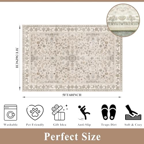 3x5 Kitchen Rug Washable Non-Slip, Beige Modern Boho Indoor Small Area Rugs for Entryway Bedroom Living Room, Soft Low-Pile Thin Door Mat - Image 2