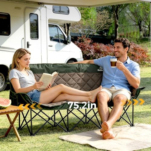 Padded 3 Person Camping Chair, Oversized Camping Couch Support 660lb, Green - Image 2