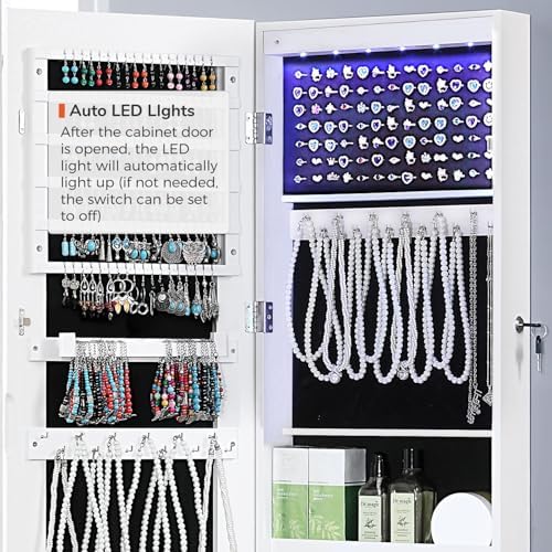 GISSAR Full Length Mirror Jewelry Cabinet, 6 LEDs Jewelry Armoire Wall Mounted Over The Door Hanging, Jewelry Organizer Storage with Lights Lockable, Bright White, 14.6" x 47.2" - Image 7