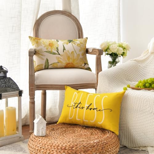 AVOIN colorlife Home Sweet Home Spring Summer Flowers Yellow Throw Pillow Covers, 12 x 20 Inch Cushion Case for Sofa Couch Set of 4 - Image 3