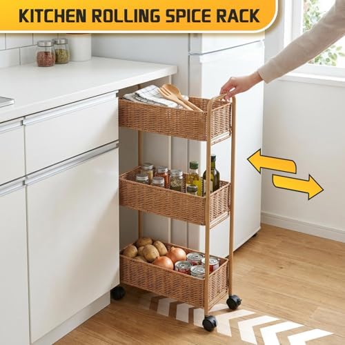 FOCHIER F Utility Slim Storage Cart,3-Tier Rolling Kitchen Office Laundry Room Cart,Mobile Shelving Unit Organizer for Living Room Bathroom Baby Diaper Narrow Places (Natural, 3 Tiers-7.1 inch (W)) - Image 3