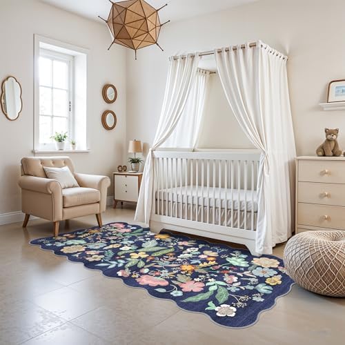 Washable 3x6 Hallway Runner Rug: Low-Pile Floral Scalloped Entryway Runners Non-Slip Stain Resistant Carpet for Kitchen Bathroom Laundry Room Soft Floor Mat for Living Room Bedroom Nursery(3x6/Purple) - Image 2