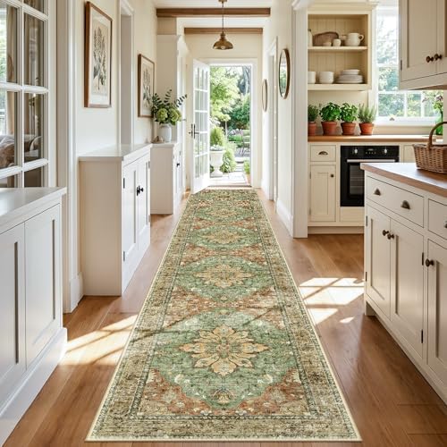 RELEANY Washable Area Rug, Runner 3'x20', Brick/Brown/Green by RELEANY