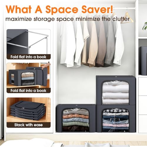3 Pack Clothes Storage Bins with Metal Frame,40L Storage Bags Fabric Box Organizer with Clear Window,Zippers,Sturdy Handles(3 Pcs,Light Grey,40L) - Image 3
