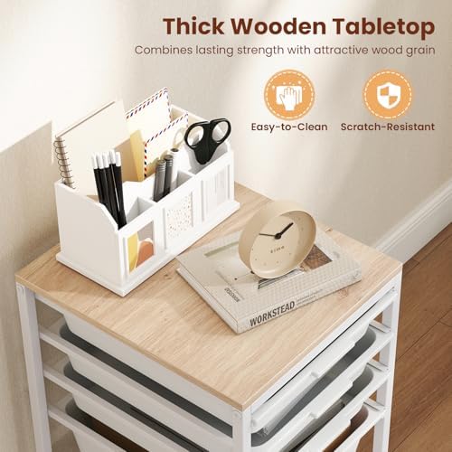 Giantex Rolling Storage Cart with 5 Drawers, Utility Cart w/Wooden Tabletop, Lockable Wheels, Multipurpose Organizer for Art Craft Books Paper, Drawer Carts for Dorm Classroom Office, White - Image 7
