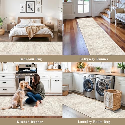 Runner Rug 2x10 Washable Non-Slip Hallway: Vintage Boho Carpet with Rubber Backing for Kitchen Entryway Hall Holiday Farmhouse Neutral Cream Long Runners (Cream/Beige,2'x10') - Image 4