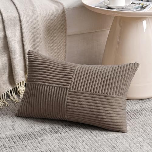 Fancy Homi Set of 2, Light Brown Patchwork Corduroy Decorative Soft Striped Modern Accent Cushion Case Farmhouse Boho Neutral Throw Pillow Covers for Chair Couch Bed Sofa Living Room 24x12 Inch - Image 2