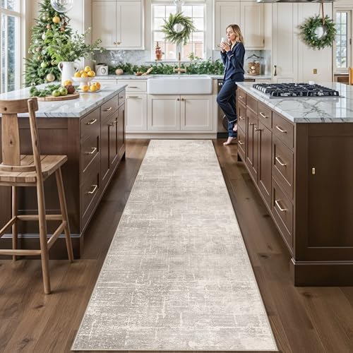 HY HAOYUNLAI 2'6x12 Runner Rugs for Hallways - Soft Kitchen Rug Non-Slip Rug Runner with Rubber Backing Washable Non Shedding Soft Beside Carpet for Bedroom Abstract Home Decor(2'6x12,Beige/Cream by HYHAOYUNLAI