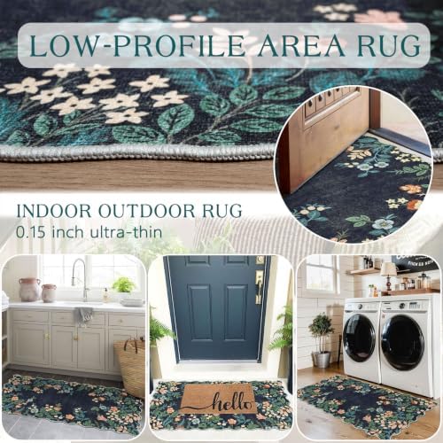 Front Door Mat Indoor Entrance - 2x4.3 Ft Dark Navy Floral Washable Layered Doormat Outdoor Entrance Porch Rug Non-Slip Boho Runner Rug for Kitchen Hallway Bedroom Laundry Room Porch Decor - Image 4