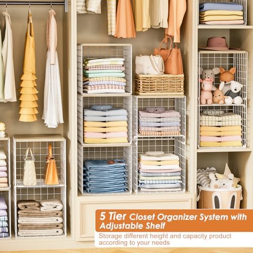 Hencawima 5PCS Stackable Closet Organizers and Storage, Closet Shelves with Wood Top Extra Storage, Clothes Storage Organizer Basket Bin/Cube for Home Wardrobe Organization(White-Sturdy Metal) - Image 4
