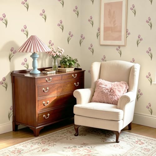 Safiyya Vintage Floral Peel and Stick Wallpaper 17.3''x197'' Retro Tulip Flower for Gilrs Room Contact Paper for Cabinets Self Adheisve Removable Wallpaper for Bedroom Accent Wall - Image 2