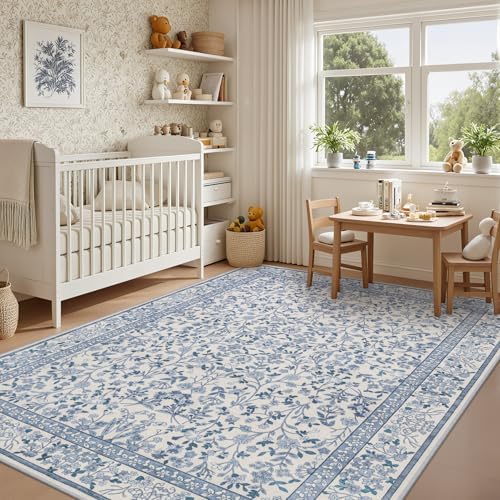 5x7 Area Rug Living Room: Soft Floral Washable Boho Carpet Blue - Image 4