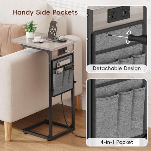 VAGUSICC C Shaped End Table with Charging Station, Adjustable Height Side Table for Couch Recliner, Small Sofa Table with Storage Bag, Slide Under Sofa TV Tray Arm Table for Living Room, Bedroom, Gray - Image 6