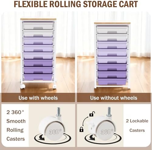 Rolling Cart with 8 Drawers, Storage Drawers Cart with Wooden Tabletop and Lockable Wheels, Craft Storage for Living Room, Office, Classroom, Craft Room, Bedroom (Purple) - Image 4