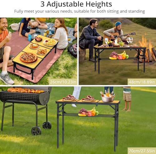 Anbte 3ft Camping Table Foldable with Storage Net and Bag, 3 Adjustable Heights High 27.5" Aluminum Camping Table Portable, for Outdoor Indoor Backyard BBQ Cooking Party Picnic Beach, Light Oak Grain - Image 3