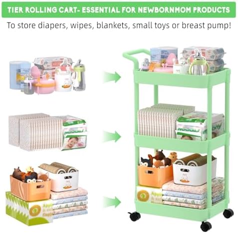 Volnamal Diaper Caddy, 3 Tier Rolling Cart for Baby Essentials, Green - Image 2