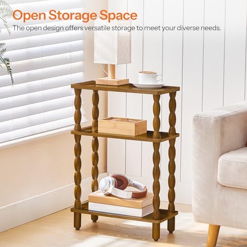 HOOBRO Narrow Side Table, Skinny End Table with Storage, Solid Wood Legs, 3-Tier Bedside Table Nightstand for Small Space, Living Room, Bedroom, Sofa Couch, Walnut WL462BZ01 - Image 5
