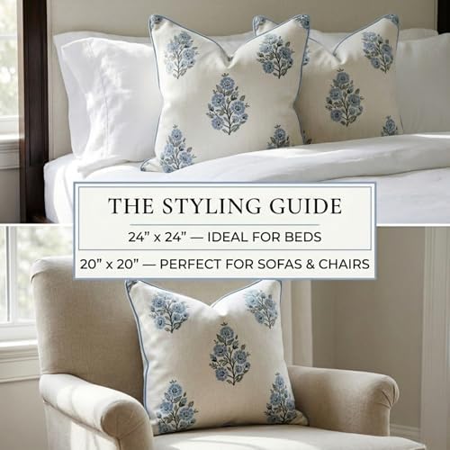 Jillien Harbor “The Camille” Decorative Pillow Cover – Blue & Whitel Floral Block Print Pillow Cover – Grandmillennial Home Decor, 24" x 24" - Image 3