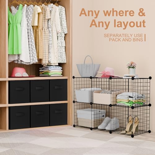 Leinuosen 6 Cube Storage Organizer with 6 Foldable Fabric Storage Bins, Metal Wire Grid Shelves, Stackable Modular Closet Organizer for Bedroom Living Room Office Toys Books(Black,Black) - Image 5