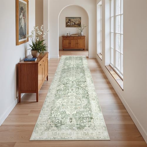 Madane Hallway Runner Rug 2x8 Washable Kitchen Rugs Non-Slip, Green/Ivory - Image 2